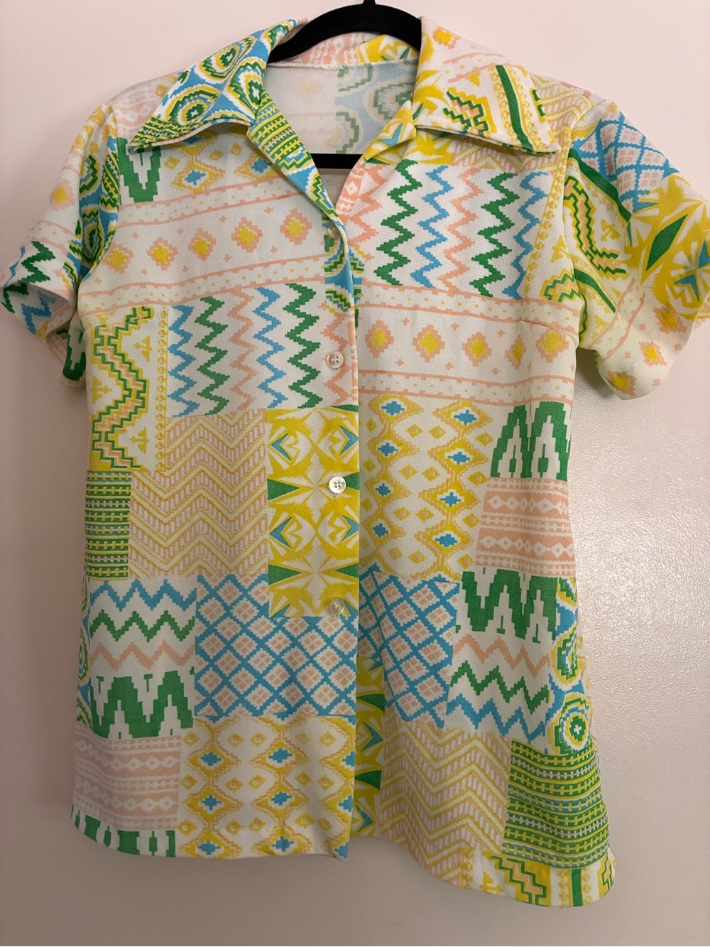 Vintage 70s Style Patchwork Geometric Blouse Retro Boho  Bottom Up Collard *READ